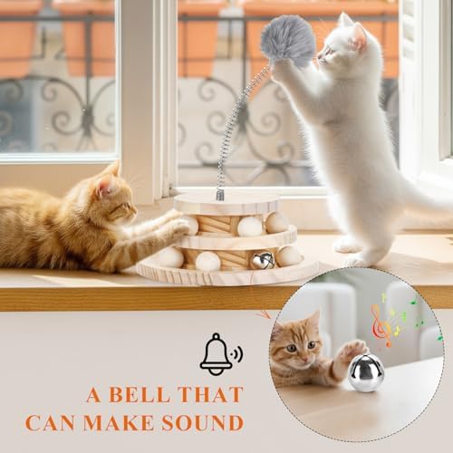 2-Tier Wooden Cat Ball Track Toy - Non-Toxic Cat Turntable with Removable Balls, Interactive DIY Circle Toy for Kittens & Cats Mental/Physical Exercise, Safe Natural Wood Kitty Roller