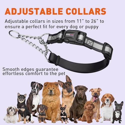 Dogline Reflective Martingale Collar for Dogs with Quick Release Buckle – Biothane Dog Collar with Herm Sprenger Assembly Chain – Waterproof No Pull Dog Collar, L 20”-26”, Black