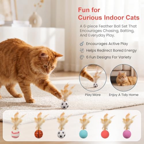 6 Pcs Bouncy Ball Cat Toy,Rubber Cat Bouncy Ball with Tail