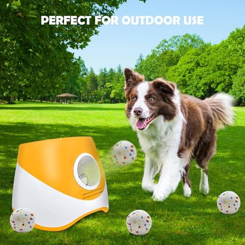 MEKAPLE Automatic Dog Ball Launcher for Samll to Medium Dogs, Upgraded Interactive Toy Balls Thrower, Distance Adjustable Mental Stimulating Dog Toys with 4 Etpu Balls 2.2 Inch (Orange)