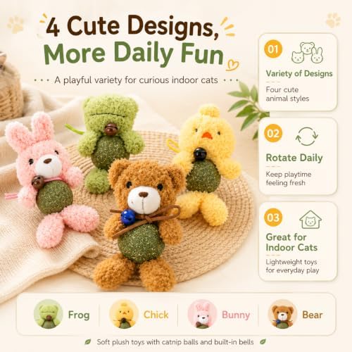 Cat Toys with Catnip Kitten Chew Bite Supplies Boredom Relief Fluffy Kitty Teeth Cleaning Chewing Cat Lovers Interactive Plush Gift (New Bear)