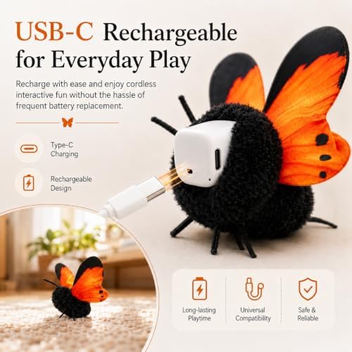 Smart Sensing Flapping Butterfly Cat Toy, Rechargeable Interactive,Yellow