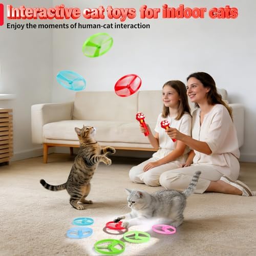 BABORUI Cat Toy Disc Launcher, Rechargeable Interactive Cat Fetch Toy Launcher with 8 Flying Discs, Flying Enrichment Toys for Indoor Bored Kittens & Adult Cats (Red)