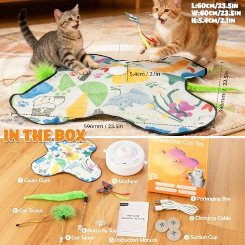 Interactive Cat Toys Rechargeable for 4 in 1 Hide and Seek Game, Moving Concealed Wand Feathers, Real Mouse Squeaky, Durable Exercise Toys for Indoor Cats for Bored Adult Cats Wand Toy