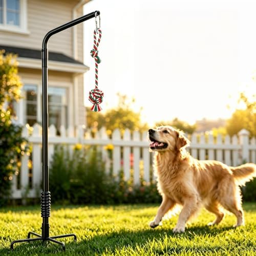 Adjustment Rotation Tether Outdoor Dog Rope Toy, Dog Rope Play Spring Rack with 3 Interactive Tug of War Toys, Self-Play & Exercise Toy for Large, Medium, Small Dogs, Heavy Duty for Yard Park Lawn