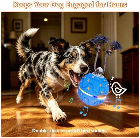 Interactive Dog Ball Toy with 2 Rope, Automatic Rolling & Bouncing Smart Dog Toy with Bird Chirping Sound and LED Light, Soft ETPU Chew-Safe Material, USB Rechargeable, for Medium & Large Dogs