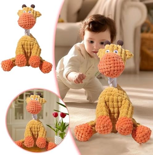Indestructible Giraffe Chew Toy with Squeaking Sound for Aggressive Dogs Cute Pet Teething Plaything Sturdy Interactive Gnawing Entertainment for Small & Medium Breeds (Orange, 13.5x25cm)
