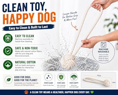 Cotton Dog Rope Toy with Ball – 20" Tug Toy for Medium & Large Dogs, Strong & Durable for Tug-of-War, Outdoor Interactive Play & Teeth Cleaning, White
