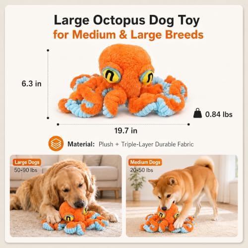 Squeaky Dog Plush Chew Toy, Interactive Tug Squeaky Toy for Chewers, Medium & Large Dogs & Fetch Play, 19.7 Inch Stuffed Octopus Toy with Flexible Spring Tentacles for Gentle Gum Care & Boredom Relief