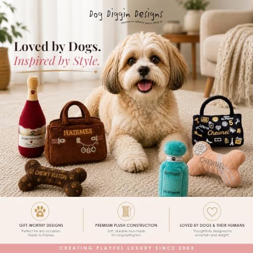 Dog Diggin Designs Hairmes Bone Plush Dog Toy – Fashion Inspired Squeaky Parody Dog Toy, Soft Luxury Style Bone Toy for Small to Medium Dogs, Cute Interactive Pet Toy