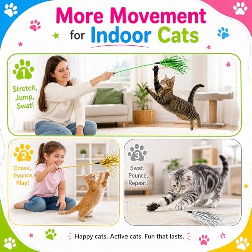 ADUCK Tinsel Cat Wand Toys for Indoor Cats, Interactive Kitten Toys, 5 Pack