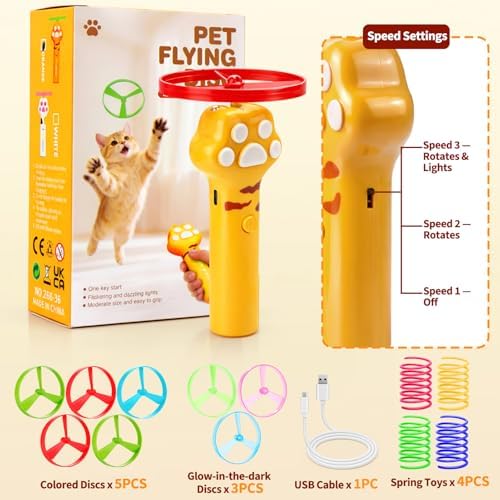 BABORUI Cat Toy Disc Launcher, Rechargeable Interactive Cat Fetch Toy Launcher with 8 Flying Discs, Flying Enrichment Toys for Indoor Bored Kittens & Adult Cats (Yellow)