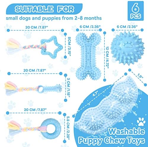 Petcare 6 Pack Puppy Chew Toys - Blue, Soft Rubber Rope & Bone Ball Teething Toys for Small Dogs & Puppies, Including Yorkie