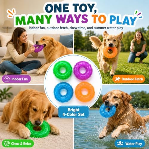 Dog Chew Toys for Aggressive Chewers, Squeaky Floating Donut Rings, 4 Pack
