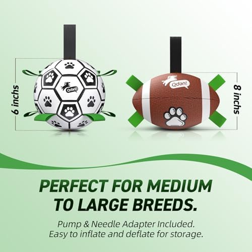 QDAN Dog Soccer Ball Football Set - 2 PCS Dog Balls with Strap for Tug of War, Soccer Ball Football Toys for Small Medium Large Dogs, Herding Ball for Dogs, Dog Birthday Toy