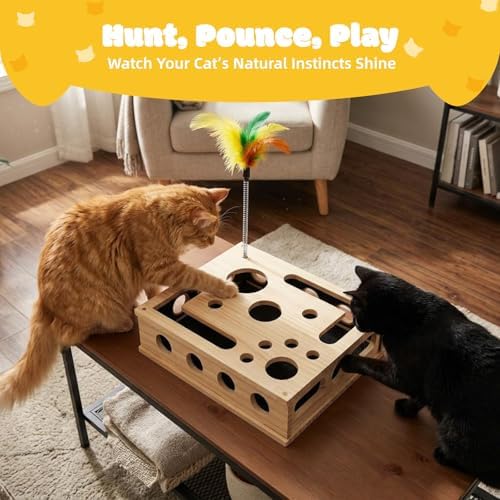 Cat Nail File Box, Solid Wood Cat Scratch Puzzle Enrichment Toy with Built-in Grooming Paper, Interactive Hideaway for Indoor Cats with 3 Bell Balls and Feather Cat Toy (Color: Natural Wood)