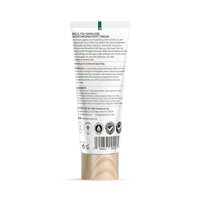 BEE and YOU 100% Natural, Foot Cream Moisturizer for Dry Cracked Feet, Propolis Extract, Aloe Vera, Raw Honey, Shea Butter, Coconut Oil, Vitamin B5, Zinc, 1.69 fl oz