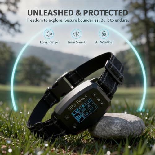 GPS E-Fence Collar, Wireless Dog Collar Fence System with 3 Correction Modes, 0.018-1.2 Miles / 30-2000 m Safety Distance, Bark Trainer for Pet Training, IPX6 Waterproof ABS, Black, 1000mAh Battery