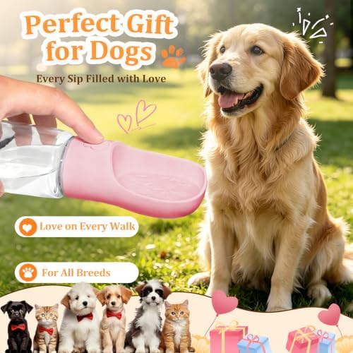 Portable Dog Water Bottle with Food Container, Pink, 19oz