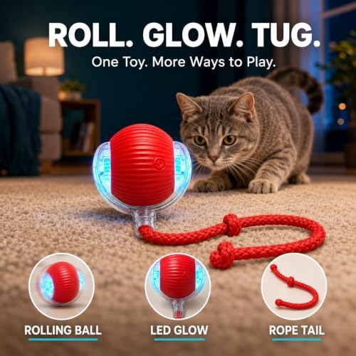 Interactive Cat Ball Toy with String, Red, Bouncing Teaser Wand
