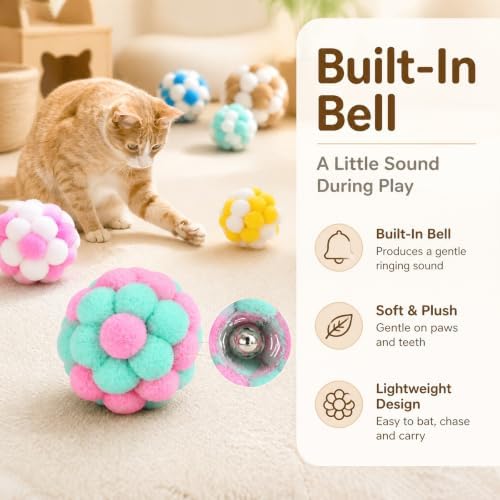 Cat Pom Pom Balls with Bells, 6 PCS Soft Fuzzy Cat Toy Balls, 1.77in Colorful Interactive Kitten Chew Scratching Toys, Lightweight Indoor Outdoor Play Balls for Kittens & Indoor Cats
