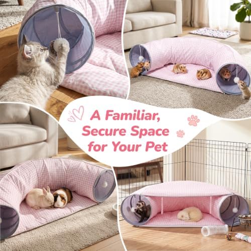 Bunny Tunnel Bed, 2-in-1 Collapsible Rabbit Guinea Pig Hideout, Pink