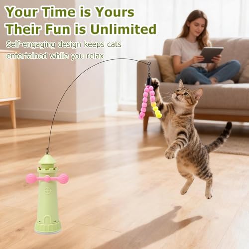 Interactive Cat Toys for Indoor Cats, Windmill Feather Cat Teaser Wand, Bouncy Kitten Toys with Strong Suction Cup Base for Bored Felines & Self-Played Enrichment Green