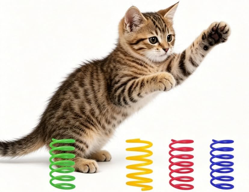 Cat Spring Toys for Indoor Cats, Colorful Durable Plastic Coil Spiral Springs, Interactive Swatting Kitten Toy, 4 Pack