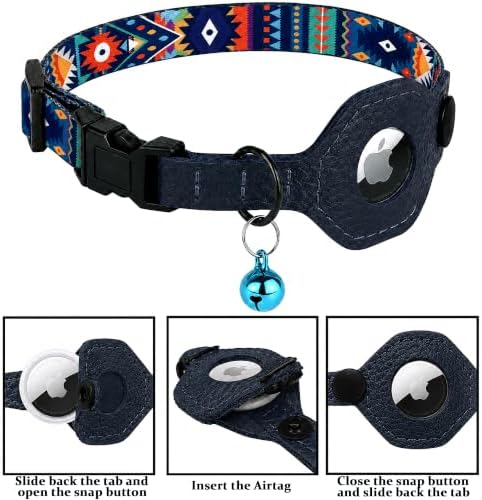 Breakaway Cat Collar with Leather AirTag Holder & Bell - Apple Air Tag Cat Collars for Girls & Boys, Lightweight Anti-Lost GPS Tracker Design, Printed Pattern - Safety and Adjustable (Navajo)