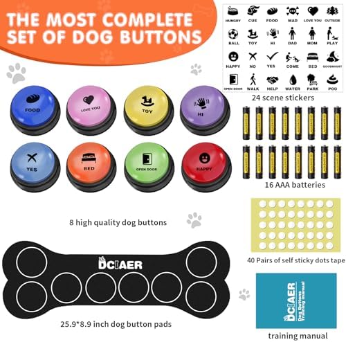 Dog Buttons for Communication,Talking Buttons for Dogs,8 Recordable Sound Buttons + 24 Scene Patterns + 1 Dog Button Mat+ 16 AAA Batteries,30 Seconds Dog Buttons for Pet Sound Training Toy