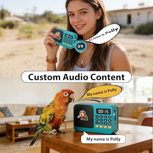 Parrot Talking, Whistling & Singing Training Player – 134 Professional Audio Tracks with Loop Playback &Self-Custom Audio, Includes Training Guide for Beginners & Busy Individuals (Blue)