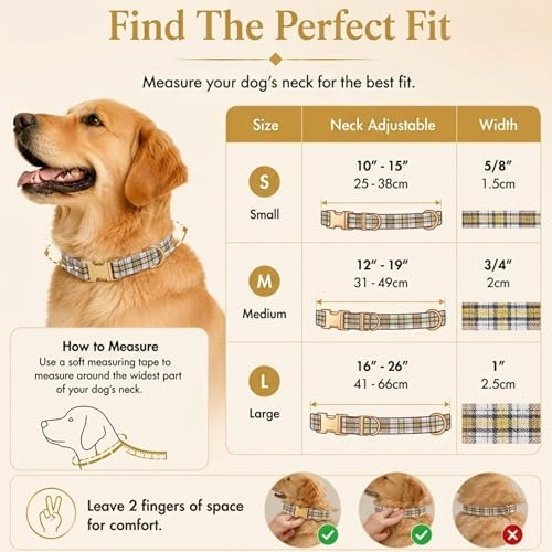 Soft Cotton Dog Collar Classic Plaid Pet Collars with Metal Clasp for Large Dogs with Sensitive Skin, Creamy Countryside