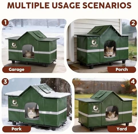 Large Outdoor Cat House with Heating Pad 28" x 16" x 17" Green