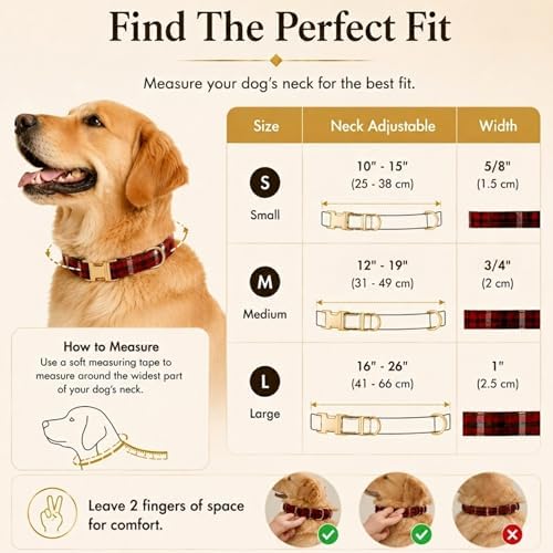 Soft Cotton Dog Collar Classic Plaid Pet Collars with Metal Clasp for Large Dogs with Sensitive Skin, Vintage Red