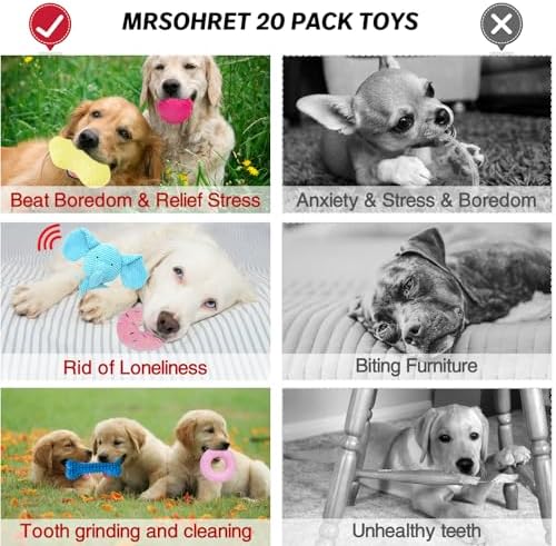 MRSOHRET 20Pcs Puppy Chew Toys for Teething, Dog Chew Toys with Rope Toys, Pet Dog Toothbrush, Treat Balls, Plush Toys and Squeaky Toy for Small Medium Dogs with Basket (20 Pack Elephant)