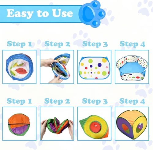 Ball Pit and Tunnel Tent for Cats, with 200 Pom‑pom Balls, 1 Ball Launcher, 8 Bell Balls, 4 Colorful Mice and 1 Saury Fish, Foldable Indoor & Outdoor Cat Activity Center for Interactive Play