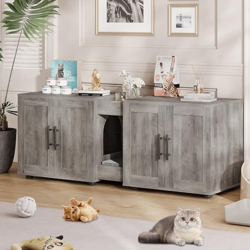 Cat Litter Box Enclosure for 2 Cats,55" Large Hidden Litter Box Furniture with Barn Door & Double Rooms,Modern Indoor Pet House TV Stand Side Table,Cats Washroom,for Bedroom Living Room,Grey