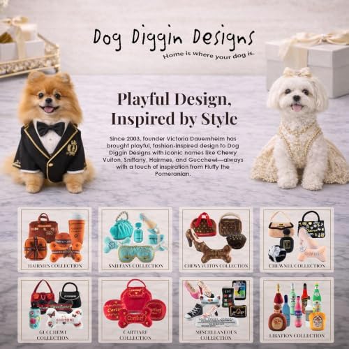 Dog Diggin Designs Seagrrrm’s “Be Yappy” Plush Dog Toy | Luxury-Inspired Parody Drink Bottle Dog Toy with Squeaker, Soft Plush Novelty Dog Toy – Shaken, Not Stirred!