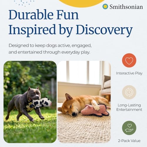 Smithsonian Quilted Safari Dog Toy 2-Pack, Durable Plush Dog Toys with Squeaker, Quilted Construction & Muscle Tough Fabric, Interactive Play Toys Designed for Enhanced Durability, Cow and Pig Box Set