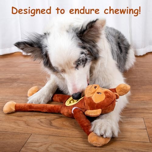 Hollypet Squeaky Plush Stuffed Dog Puzzle Toy with Slow Feeder Bowl, Interactive Chew Toy for Small and Medium Dogs, Tug of War Dog Toys, Monkey