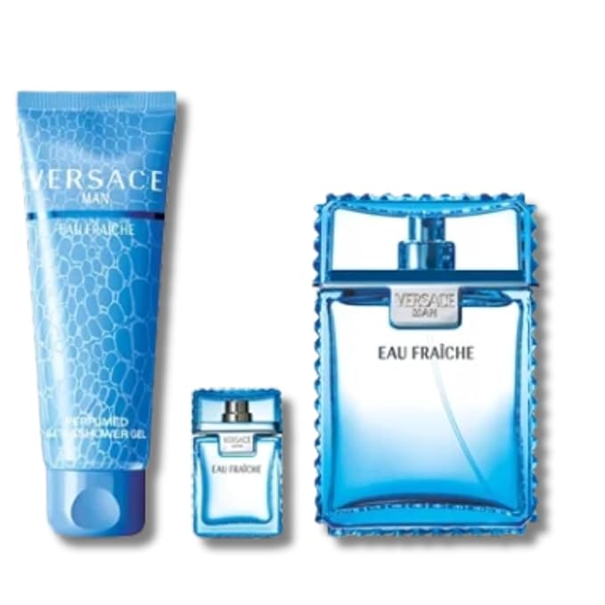 Versace Man Eau Fraiche by Versace for Men 3 Piece Set Includes: 3.4 oz EDT Spray + 5.0 oz Perfumed Bath-Shower Gel + 0.17 oz EDT Collectable