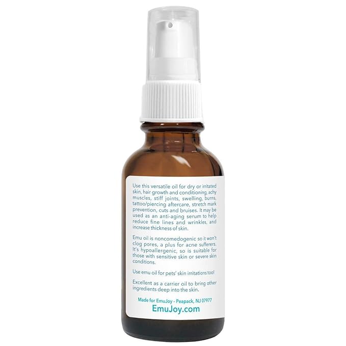 Emu Joy Emu Oil Organic - 100% Pure, Made in the USA - Emu for Skin, Face, Hair, and Nails, Piercing Bump Oil & Tattoo Aftercare (New Packaging, 1 Fl Oz)