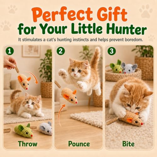 Cat Mouse Toy, 3-Piece Set of Catnip Mice, Interactive Cat Toy for Kittens