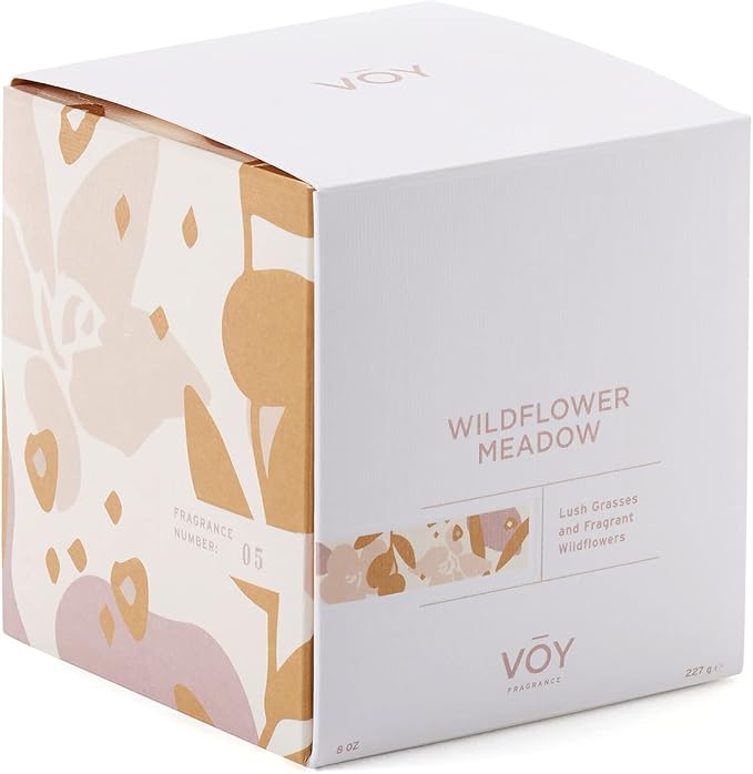 VOY Scented Candle, Fragrant Floral Wildflower Meadow Scent, 55 Hour Burn Time, Premium Blended Soy Candle, High-Fragrance Load, 8 oz Jar Candle, Aromatherapy Candle with Sustainable Gift Packaging