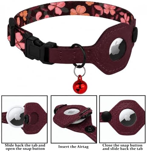 Breakaway Cat Collar with Leather AirTag Holder & Bell - Apple Air Tag Cat Collars for Girls & Boys, Lightweight Anti-Lost GPS Tracker Design, Printed Pattern - Safety and Adjustable (Crossandra)