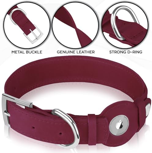 Leather Dog Collar with Airtag Holder - Apple Air Tag Dog Collars - Soft Tracking GPS Pet Collar for Small Medium Large Dogs Breed Puppy (Burgundy, S, 9"-12" Neck Fit)