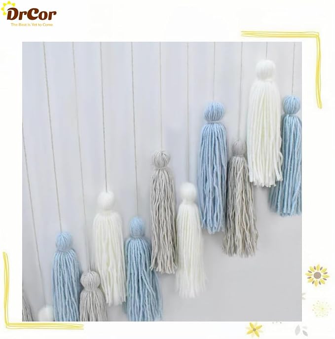 DrCor Dusty Blue Boho Macrame Garland Wall Hanging Decor | Handmade yarn banner for classroom, dorm, reading corner and coastal styling. Pre-assembled, lightweight, reusable.