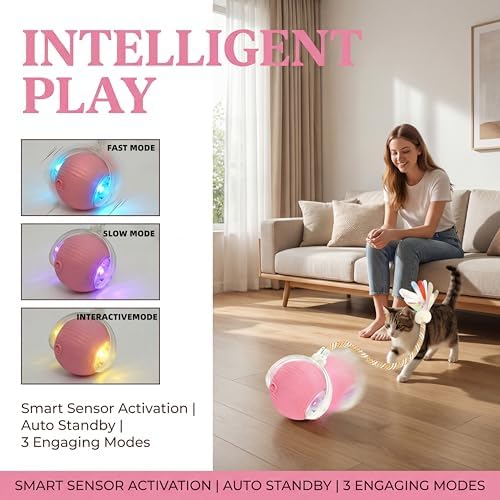 Interactive Cat Toy Ball, Automatic Rolling Toy, 3 Play Modes Rechargeable