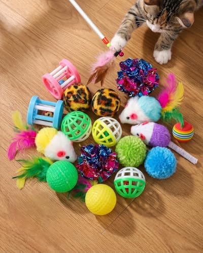 Cat Tunnel Bed with 20 Pcs Interactive Toys, 3-in-1 DIY Collapsible Plush Cat Tube with Washable Mat, Large Indoor Play Tunnel Cave for Kittens and Small Animals