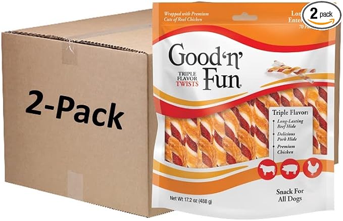 Good 'n' Fun Twists Long-Lasting Dog Treat, Real Protein, 70 Count (2 Pack) | Premium Chicken, Pork and Beef Hide Chew, Supports Dental Health and Mental Stimulation, For Adult Dogs